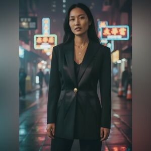 Black Tailored Blazer with Geometric Waist Detail